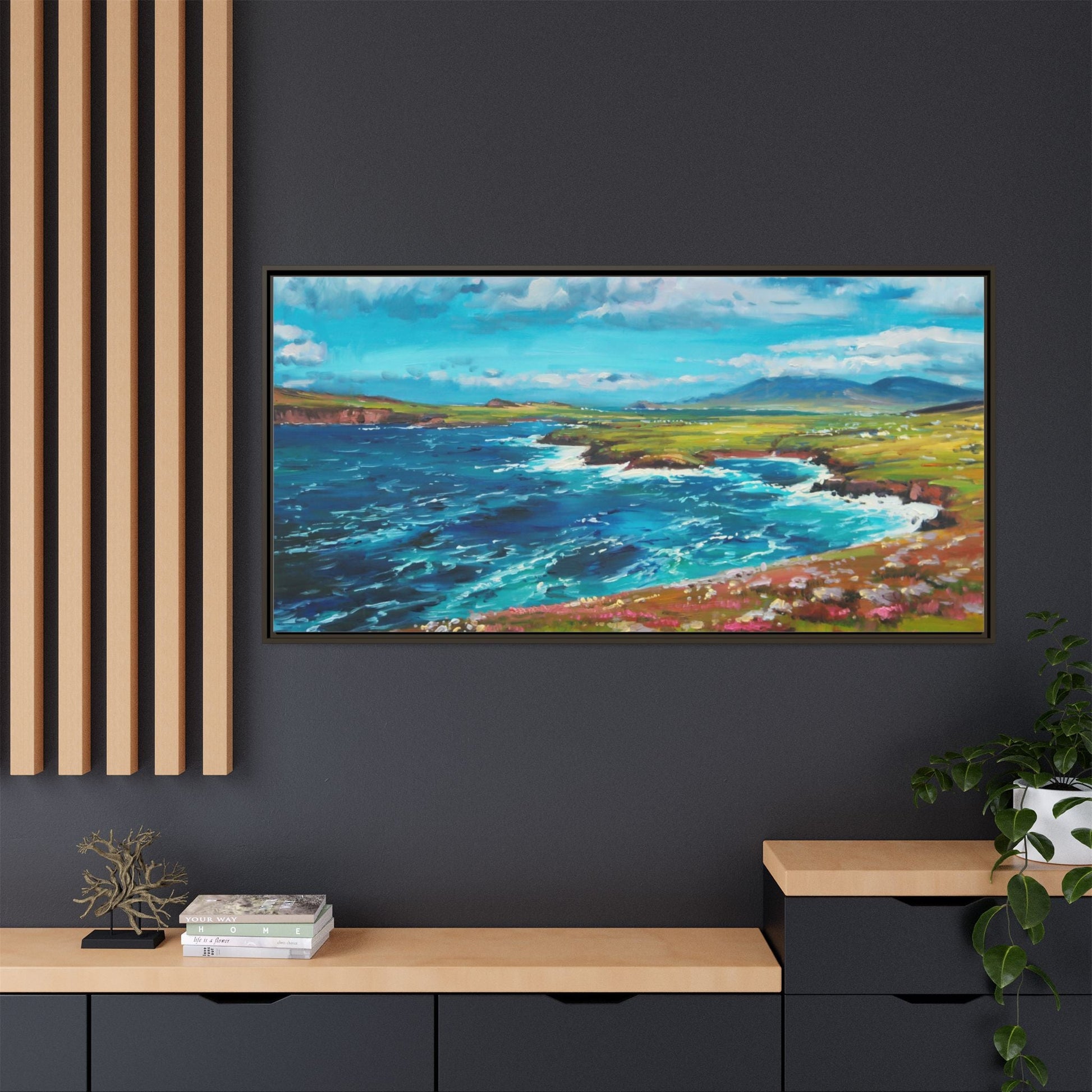 Dingle Peninsula wall art featuring a scenic view of Ireland's rugged coastline, printed on high-quality canvas with a premium frame.