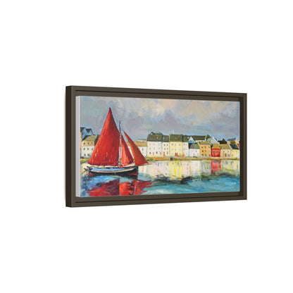 Galway Hooker Leaving Port wall art featuring a Galway Hooker boat sailing in a coastal scene, printed on high-quality canvas with a premium frame.