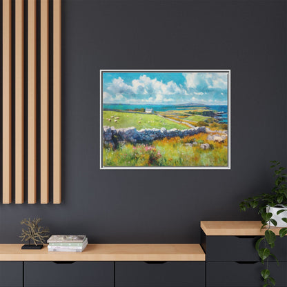 Far Flung Shores W.COL wall art featuring a serene coastal landscape, printed on high-quality canvas with a premium pinewood frame.