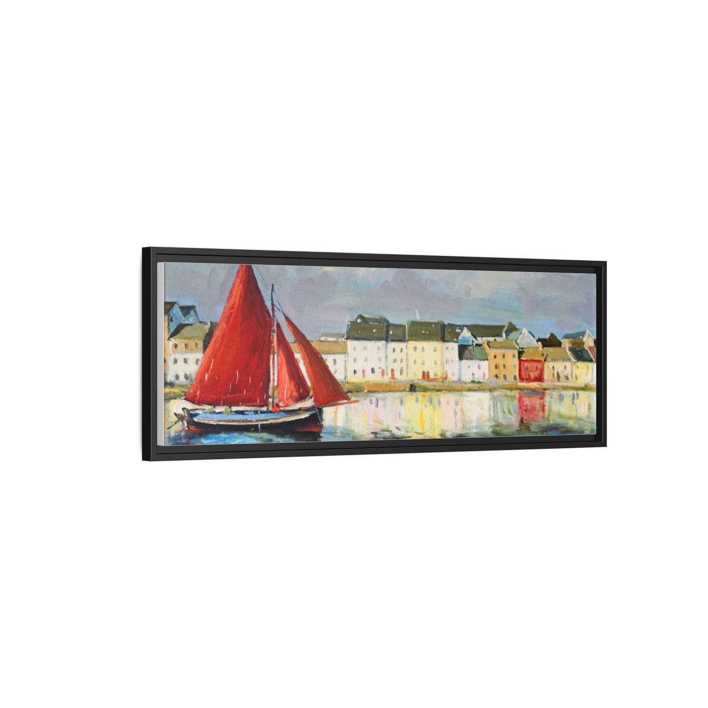 Galway Hooker Leaving Port wall art featuring a Galway Hooker boat sailing in a coastal scene, printed on high-quality canvas with a premium frame.