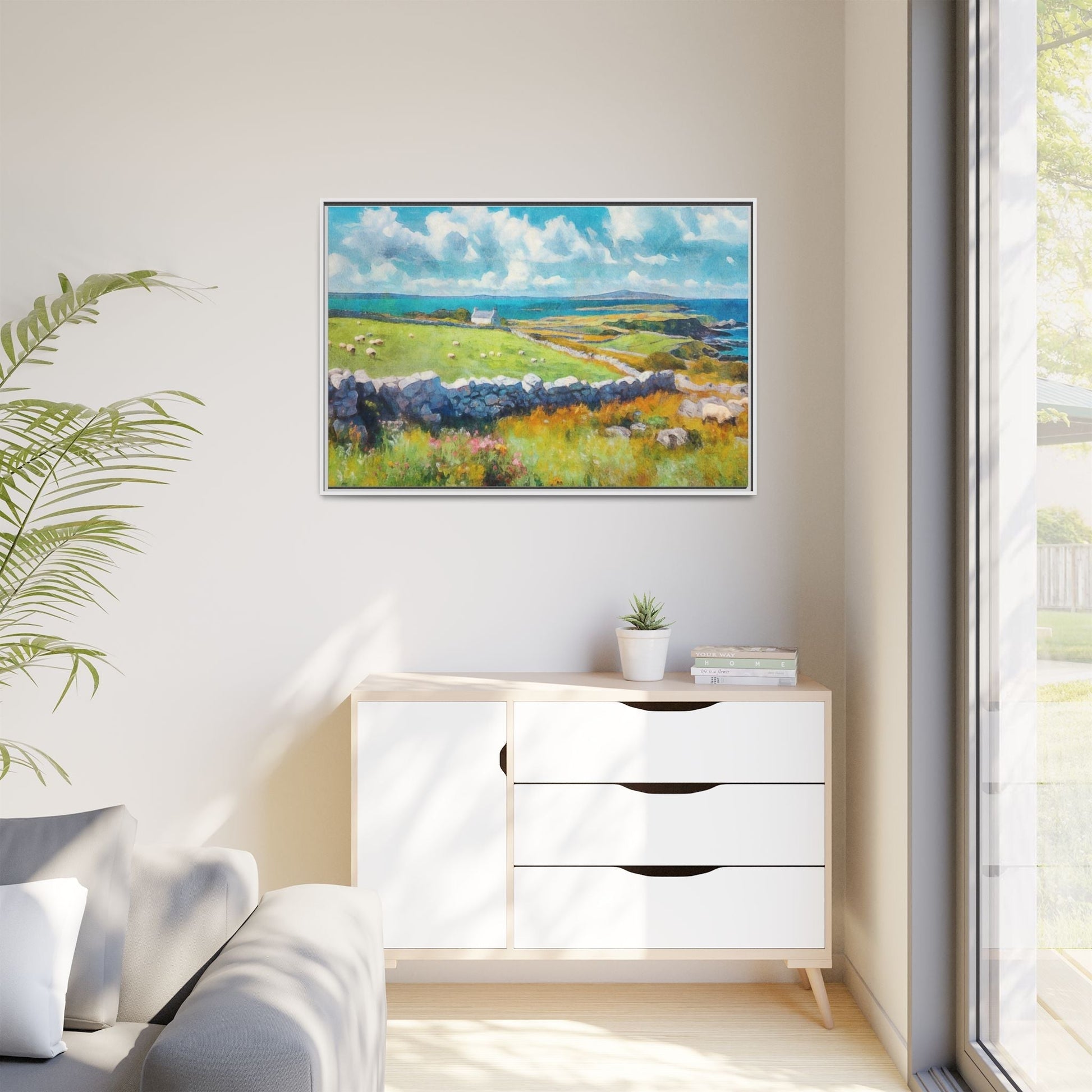 Far Flung Shores W.COL wall art featuring a serene coastal landscape, printed on high-quality canvas with a premium pinewood frame.