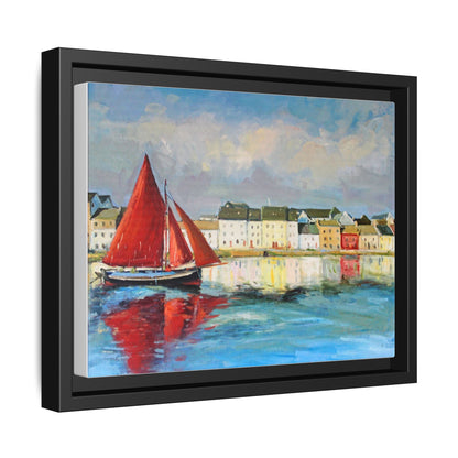 Galway Hooker Leaving Port wall art featuring a Galway Hooker boat sailing in a coastal scene, printed on high-quality canvas with a premium frame.