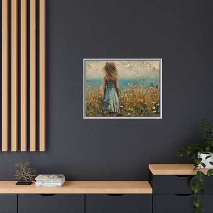 Young Girl Looking Out To Sea wall art, featuring a peaceful ocean view and a young girl in contemplation, printed on high-quality canvas for timeless décor.