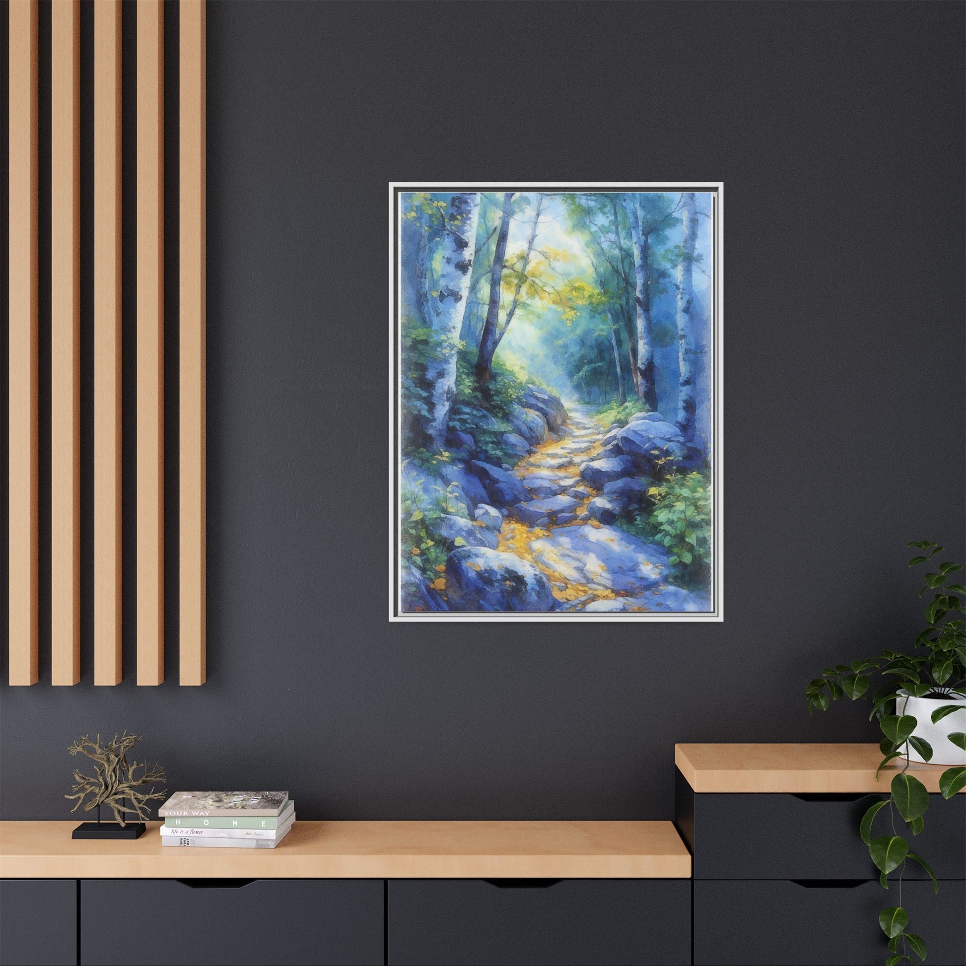 Blue Forest Path II wall art featuring a tranquil forest scene with a serene blue-toned path, printed on high-quality canvas for timeless décor.