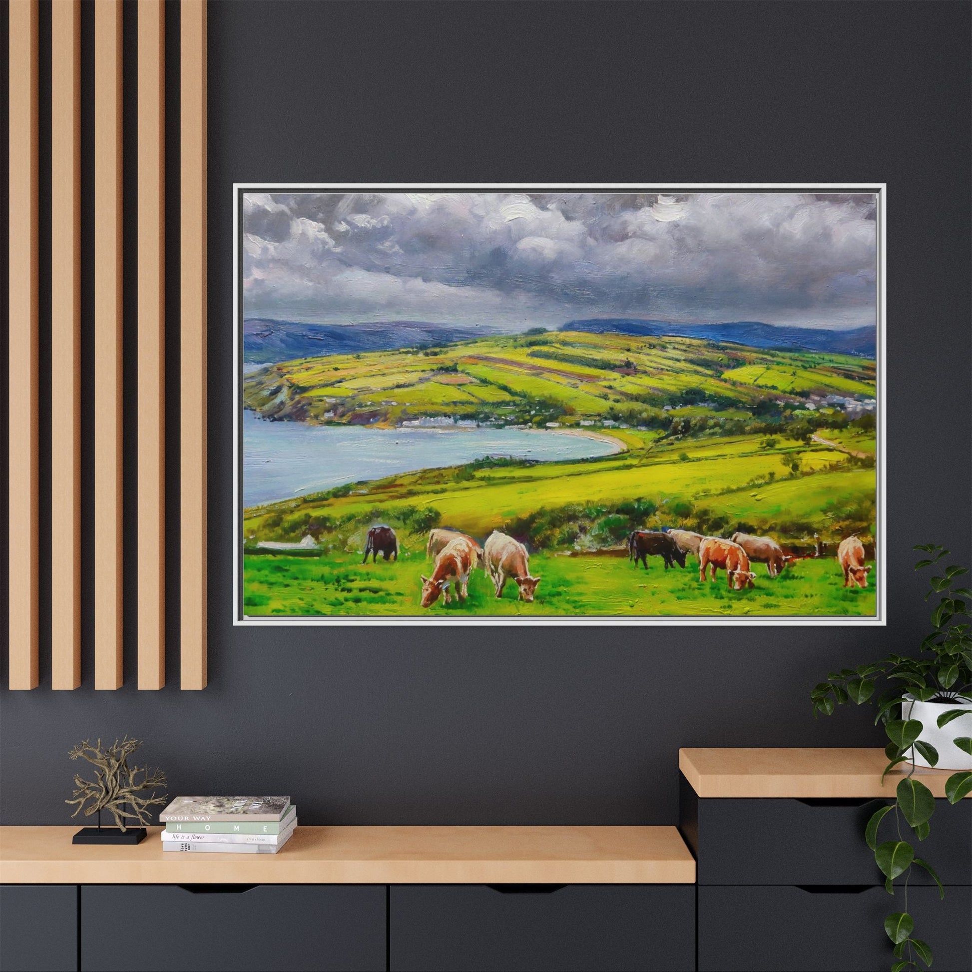 Cushendon Hills wall art showcasing rolling hills and scenic Irish landscapes, framed in high-quality materials for an elegant look.