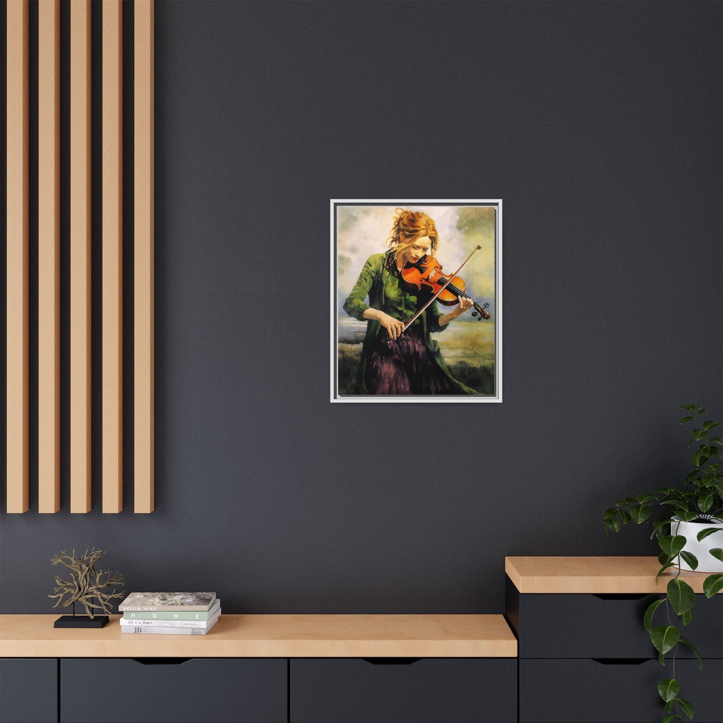 Young Girl with Fiddle wall art featuring a young musician playing the fiddle, printed on high-quality canvas for timeless and elegant décor.