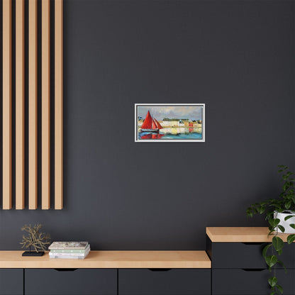 Galway Hooker Leaving Port wall art featuring a Galway Hooker boat sailing in a coastal scene, printed on high-quality canvas with a premium frame.