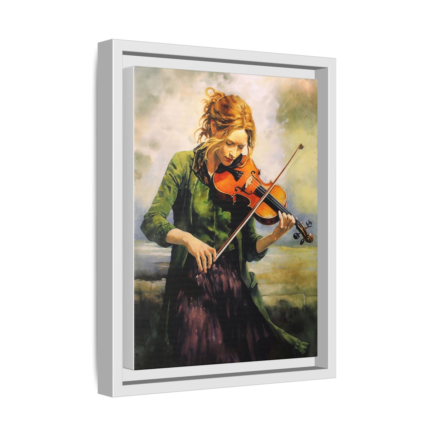 Young Girl with Fiddle wall art featuring a young musician playing the fiddle, printed on high-quality canvas for timeless and elegant décor.