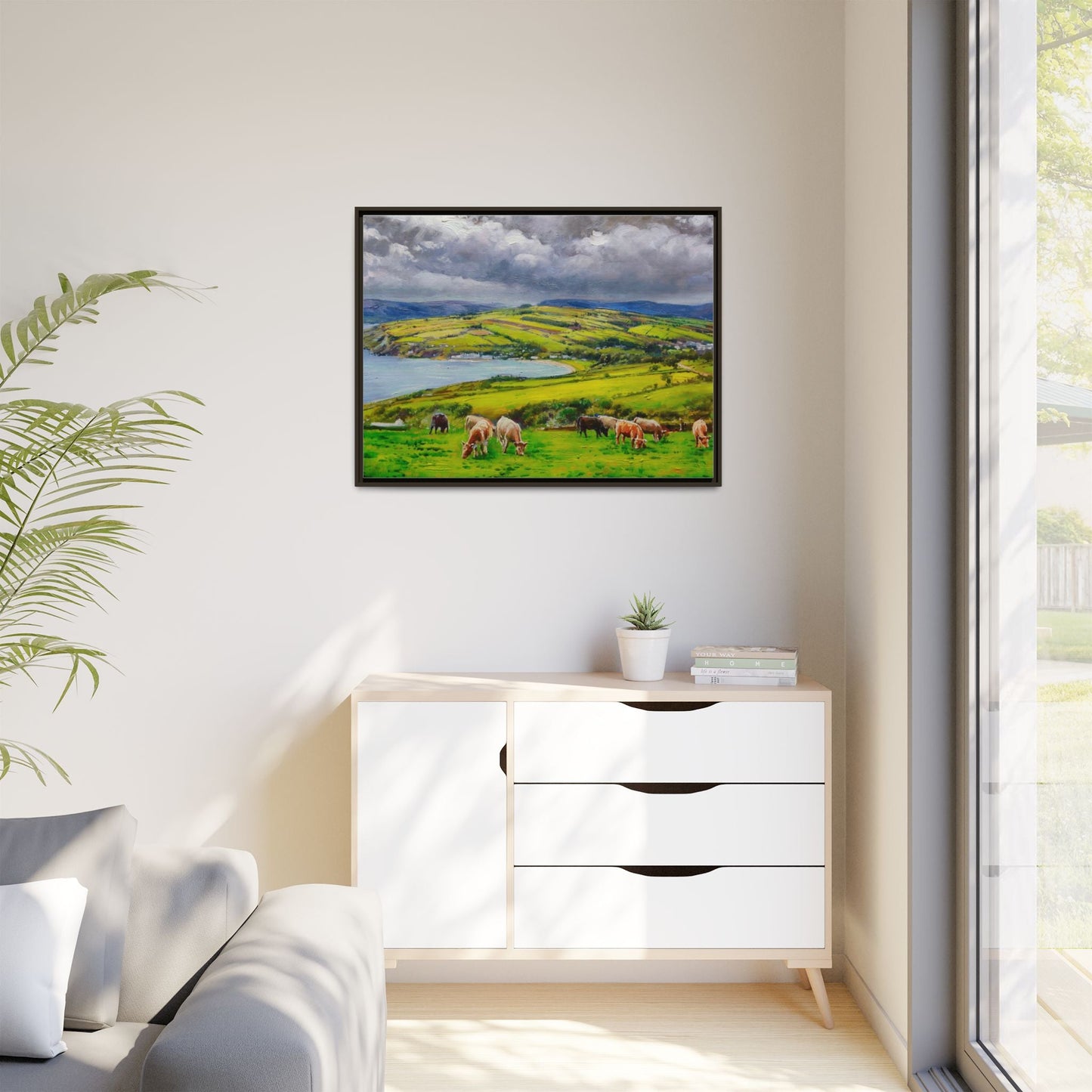 Cushendon Hills wall art showcasing rolling hills and scenic Irish landscapes, framed in high-quality materials for an elegant look.