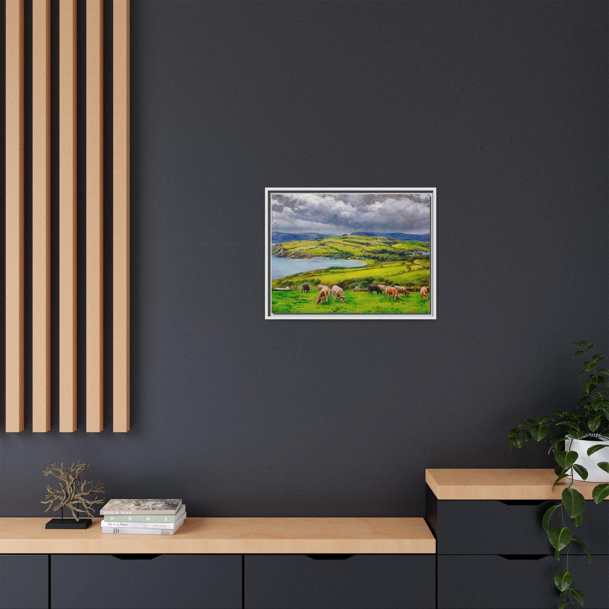 Cushendun Hills wall art showcasing rolling hills and scenic Irish landscapes, framed in high-quality materials for an elegant look.