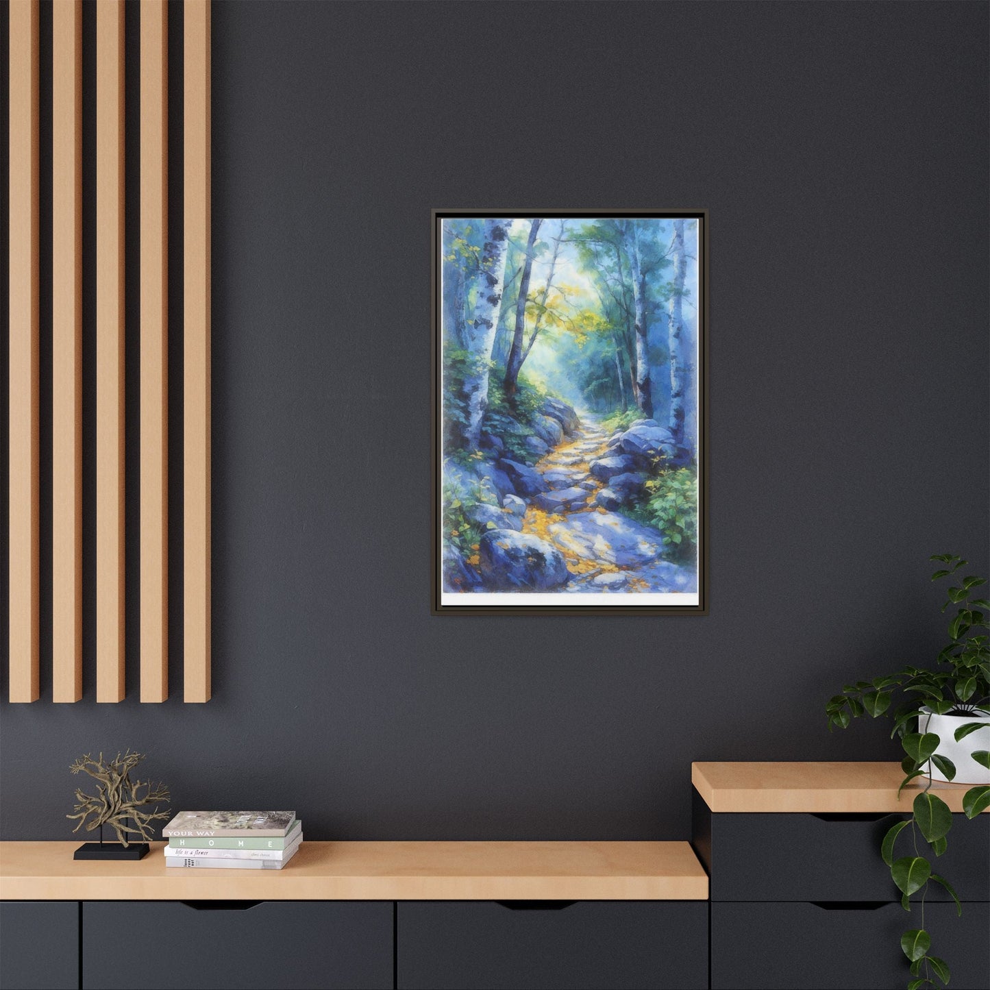 Blue Forest Path II wall art featuring a tranquil forest scene with a serene blue-toned path, printed on high-quality canvas for timeless décor.