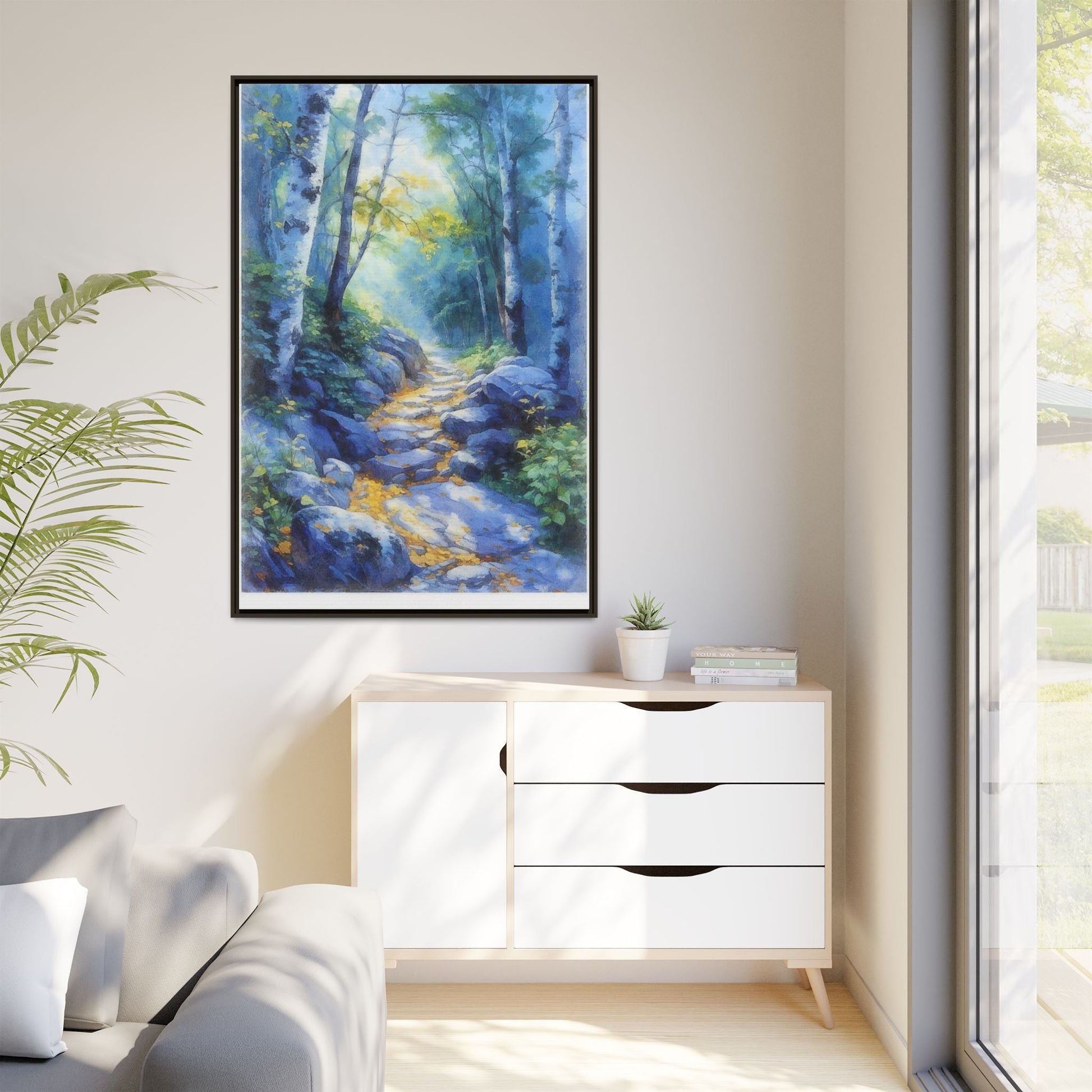 Blue Forest Path II wall art featuring a tranquil forest scene with a serene blue-toned path, printed on high-quality canvas for timeless décor.