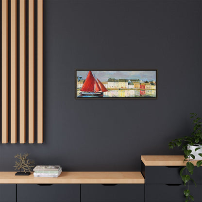 Galway Hooker Leaving Port wall art featuring a Galway Hooker boat sailing in a coastal scene, printed on high-quality canvas with a premium frame.