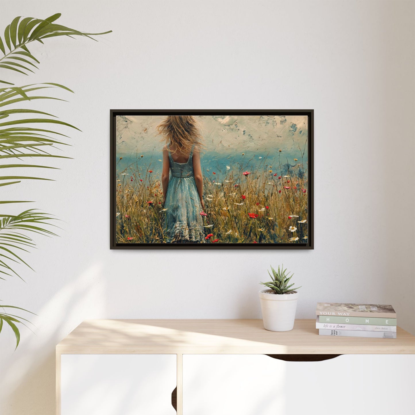 Young Girl Looking Out To Sea wall art, featuring a peaceful ocean view and a young girl in contemplation, printed on high-quality canvas for timeless décor.