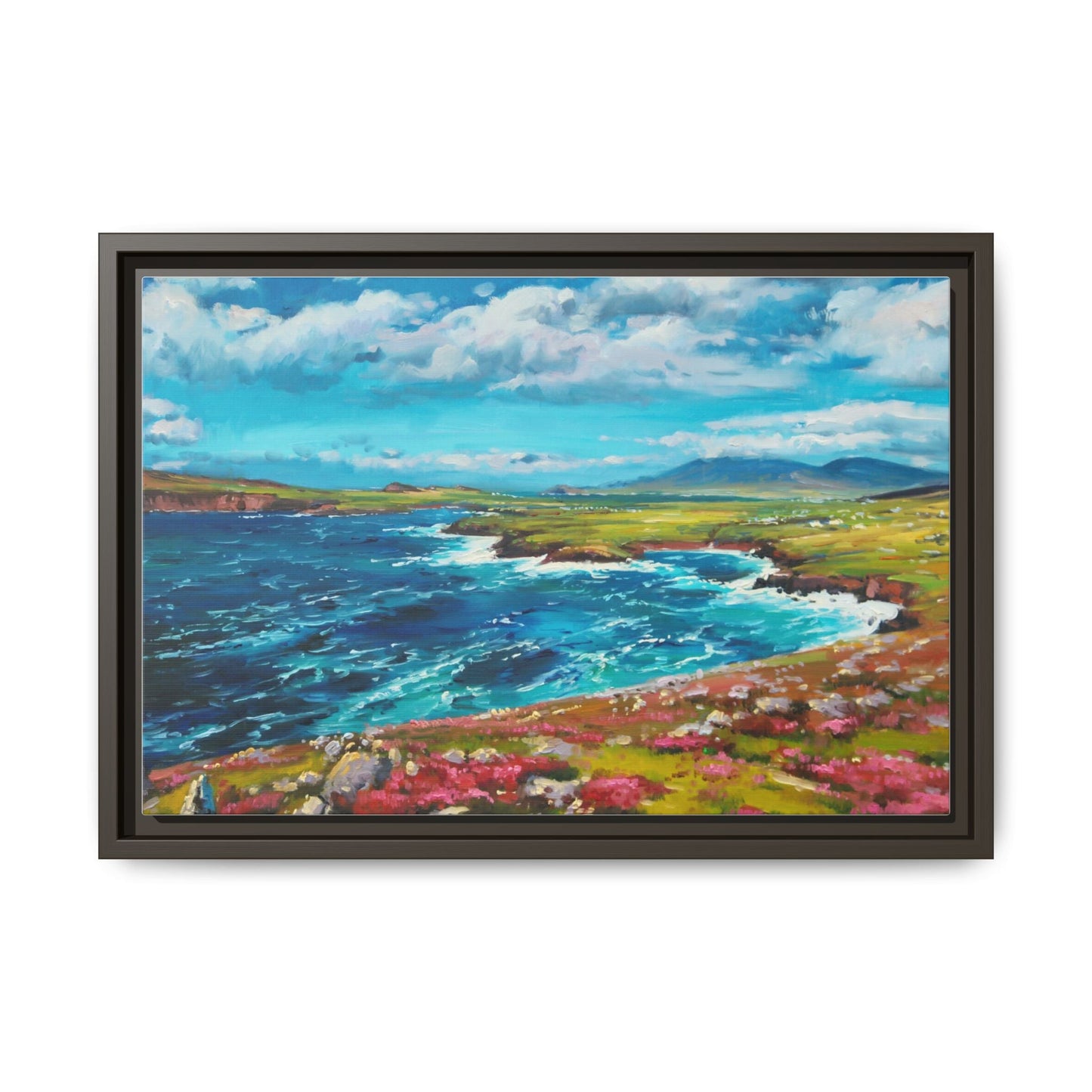 Dingle Peninsula wall art featuring a scenic view of Ireland's rugged coastline, printed on high-quality canvas with a premium frame.