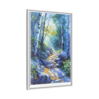 Blue Forest Path II wall art featuring a tranquil forest scene with a serene blue-toned path, printed on high-quality canvas for timeless décor.