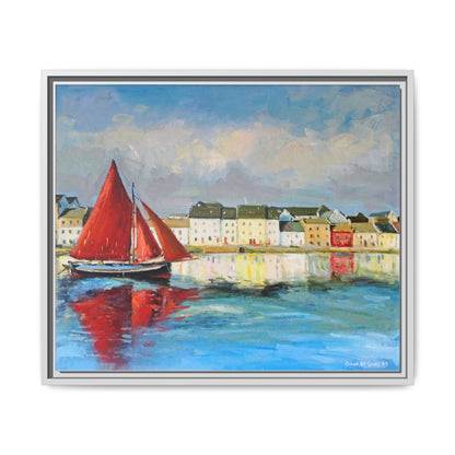 Galway Hooker Leaving Port wall art featuring a Galway Hooker boat sailing in a coastal scene, printed on high-quality canvas with a premium frame.