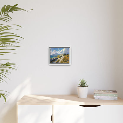 Blustery Day wall art featuring a dramatic wind-swept landscape in a pinewood frame.