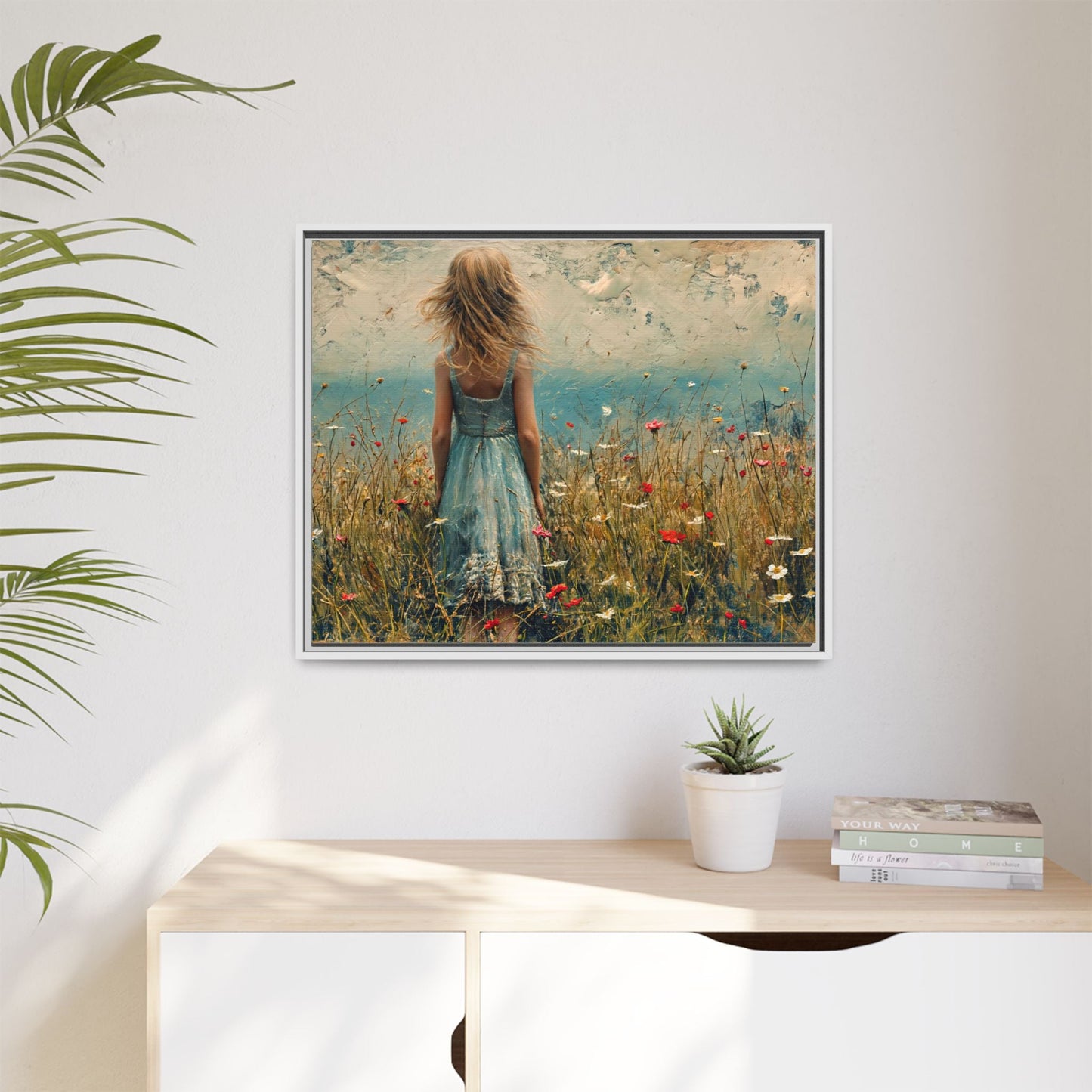 Young Girl Looking Out To Sea wall art, featuring a peaceful ocean view and a young girl in contemplation, printed on high-quality canvas for timeless décor.