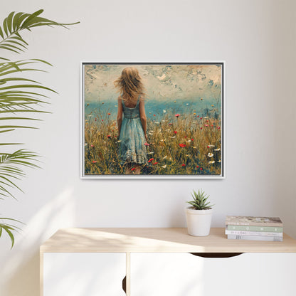 Young Girl Looking Out To Sea wall art, featuring a peaceful ocean view and a young girl in contemplation, printed on high-quality canvas for timeless décor.