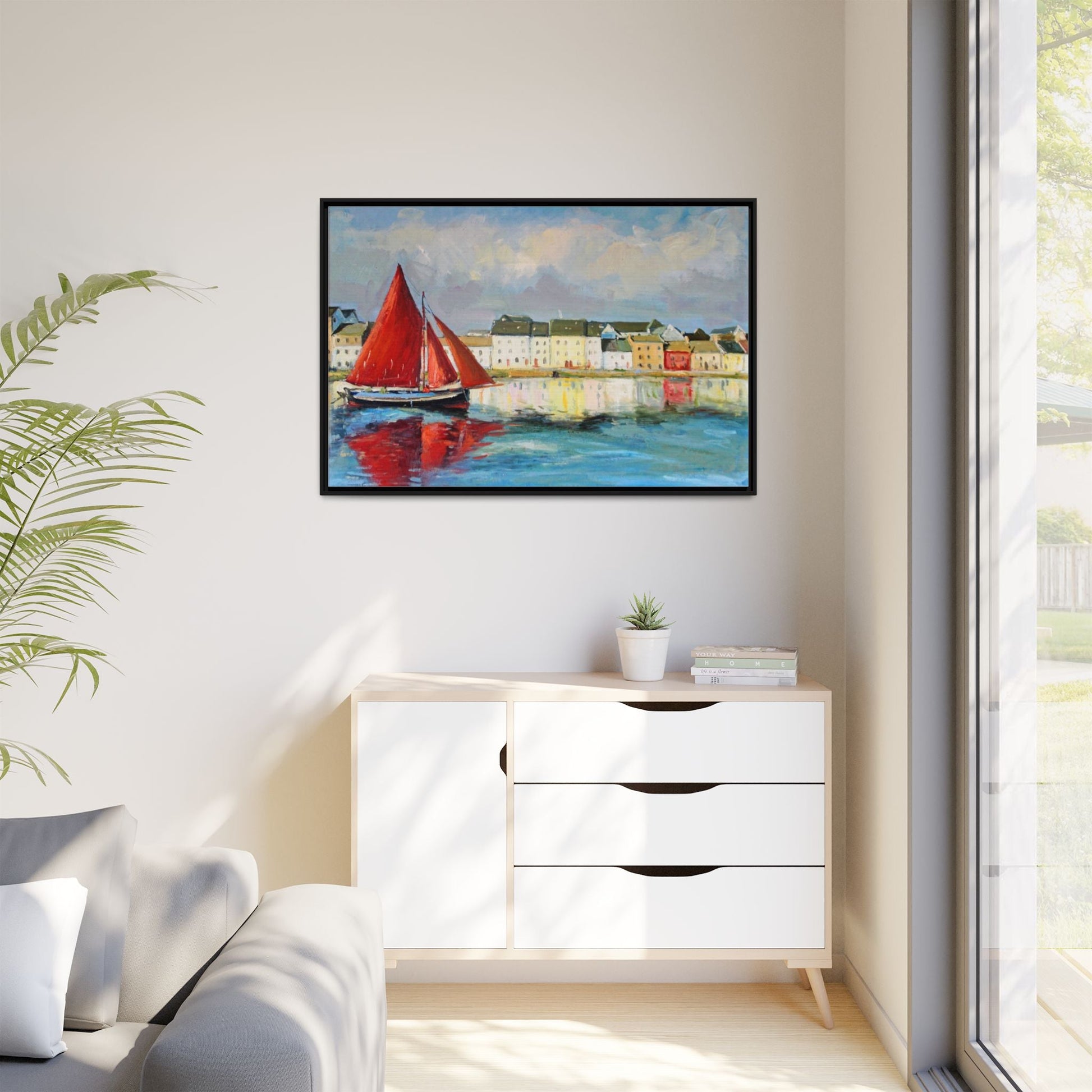 Galway Hooker Leaving Port wall art featuring a Galway Hooker boat sailing in a coastal scene, printed on high-quality canvas with a premium frame.