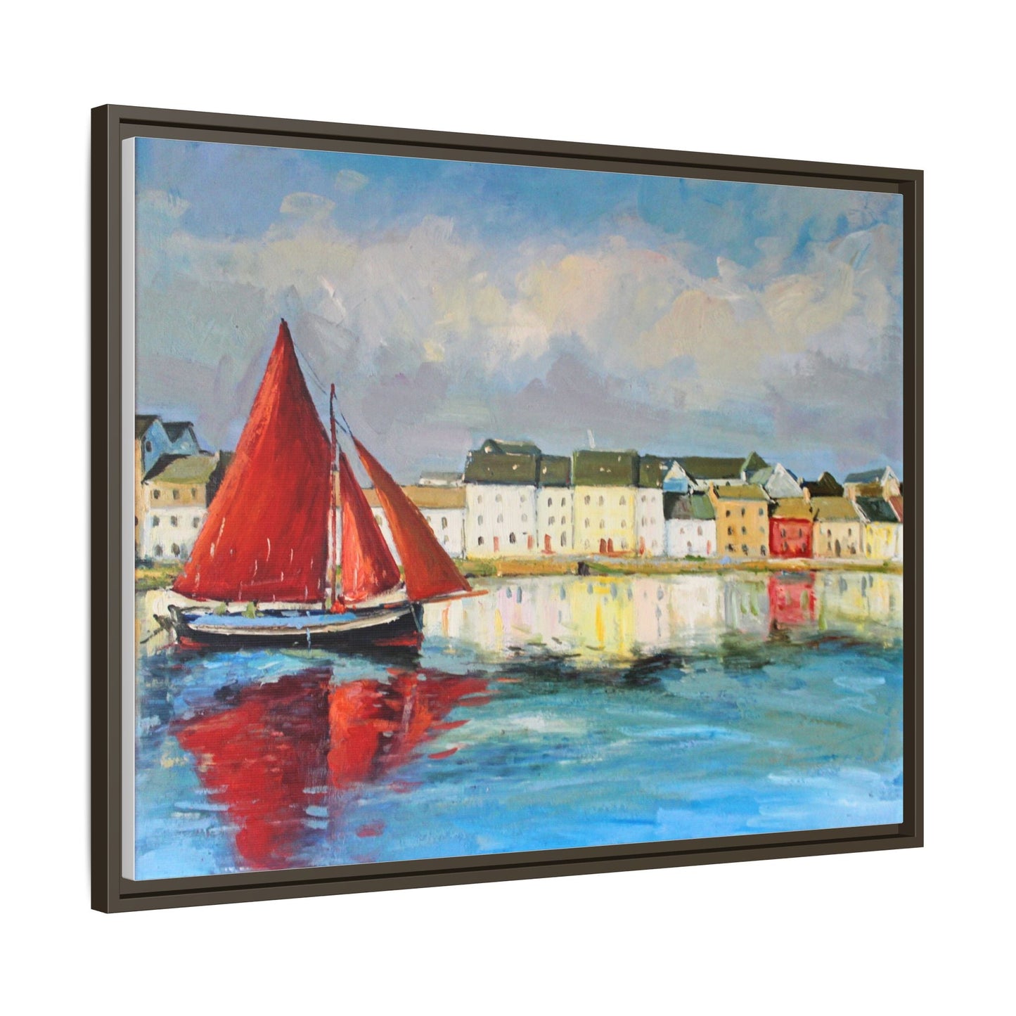 Galway Hooker Leaving Port wall art featuring a Galway Hooker boat sailing in a coastal scene, printed on high-quality canvas with a premium frame.