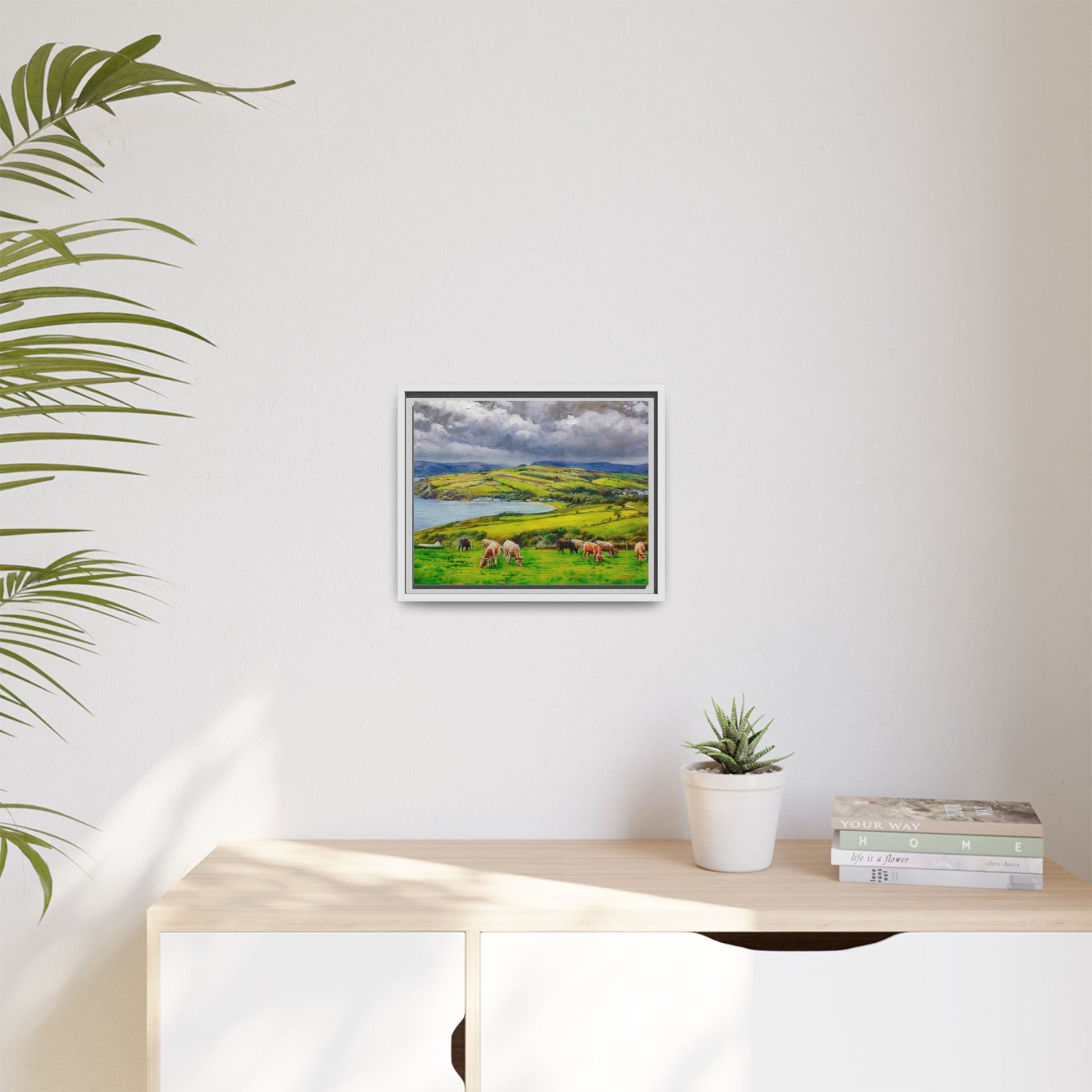 Cushendun Hills wall art showcasing rolling hills and scenic Irish landscapes, framed in high-quality materials for an elegant look.