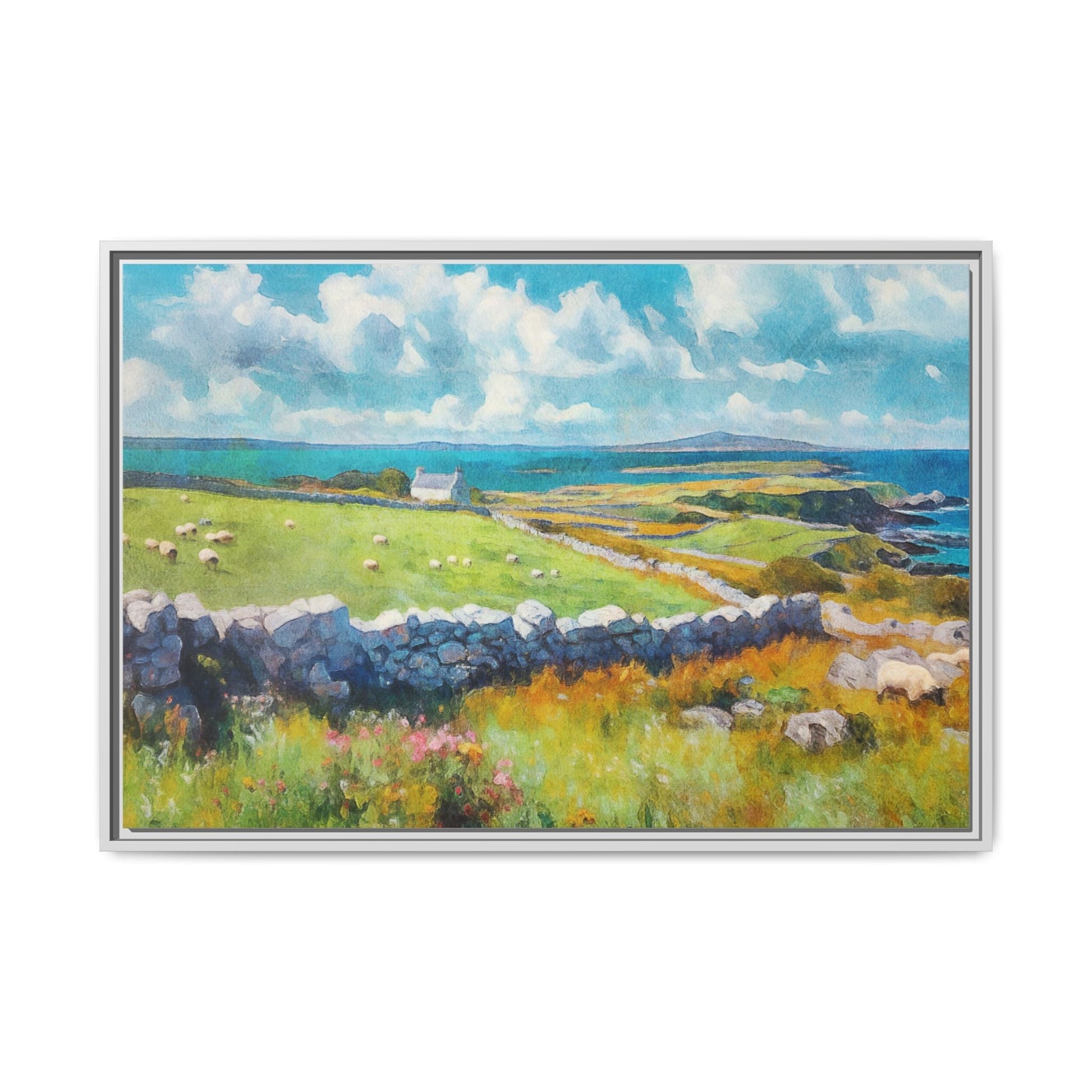 Far Flung Shores W.COL wall art featuring a serene coastal landscape, printed on high-quality canvas with a premium pinewood frame.