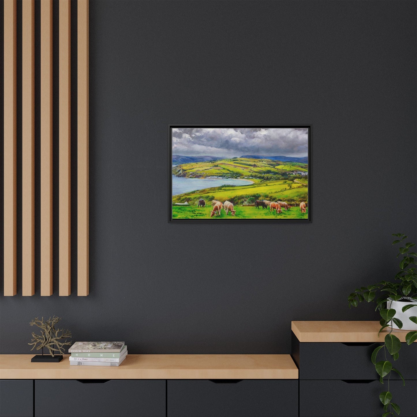 Cushendun Hills wall art showcasing rolling hills and scenic Irish landscapes, framed in high-quality materials for an elegant look.