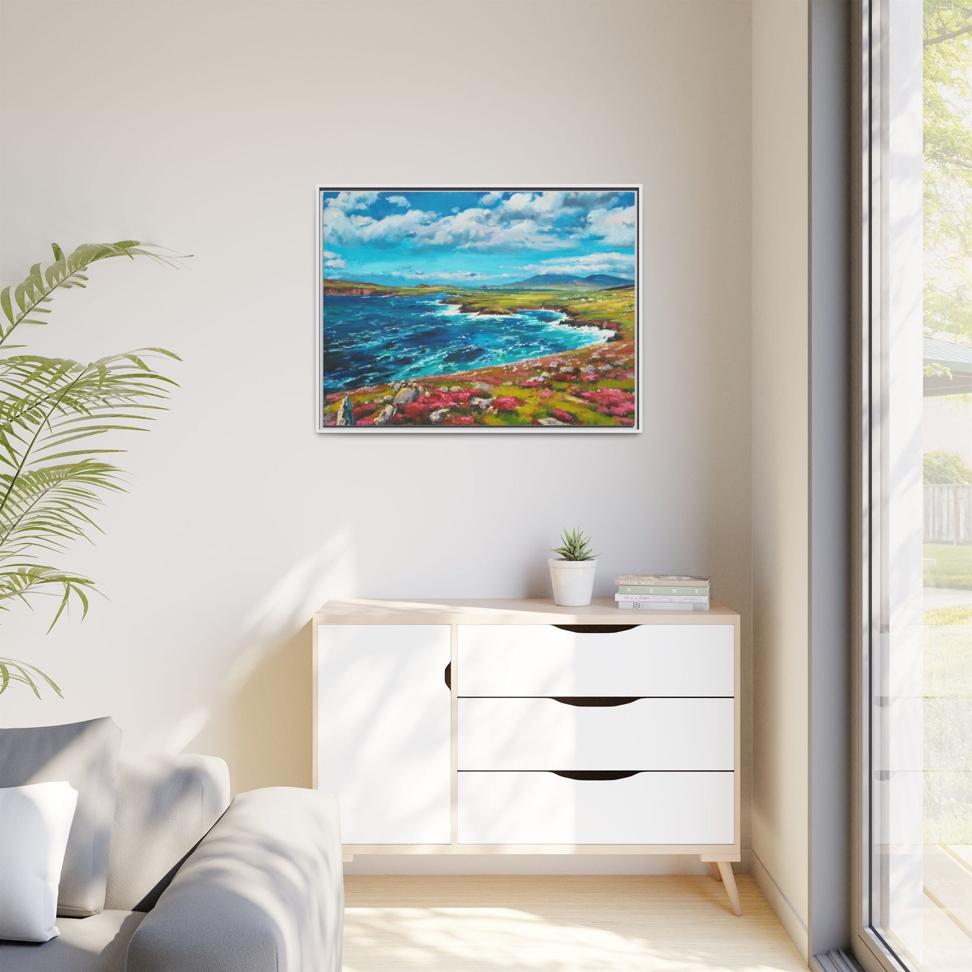 Dingle Peninsula wall art featuring a scenic view of Ireland's rugged coastline, printed on high-quality canvas with a premium frame.