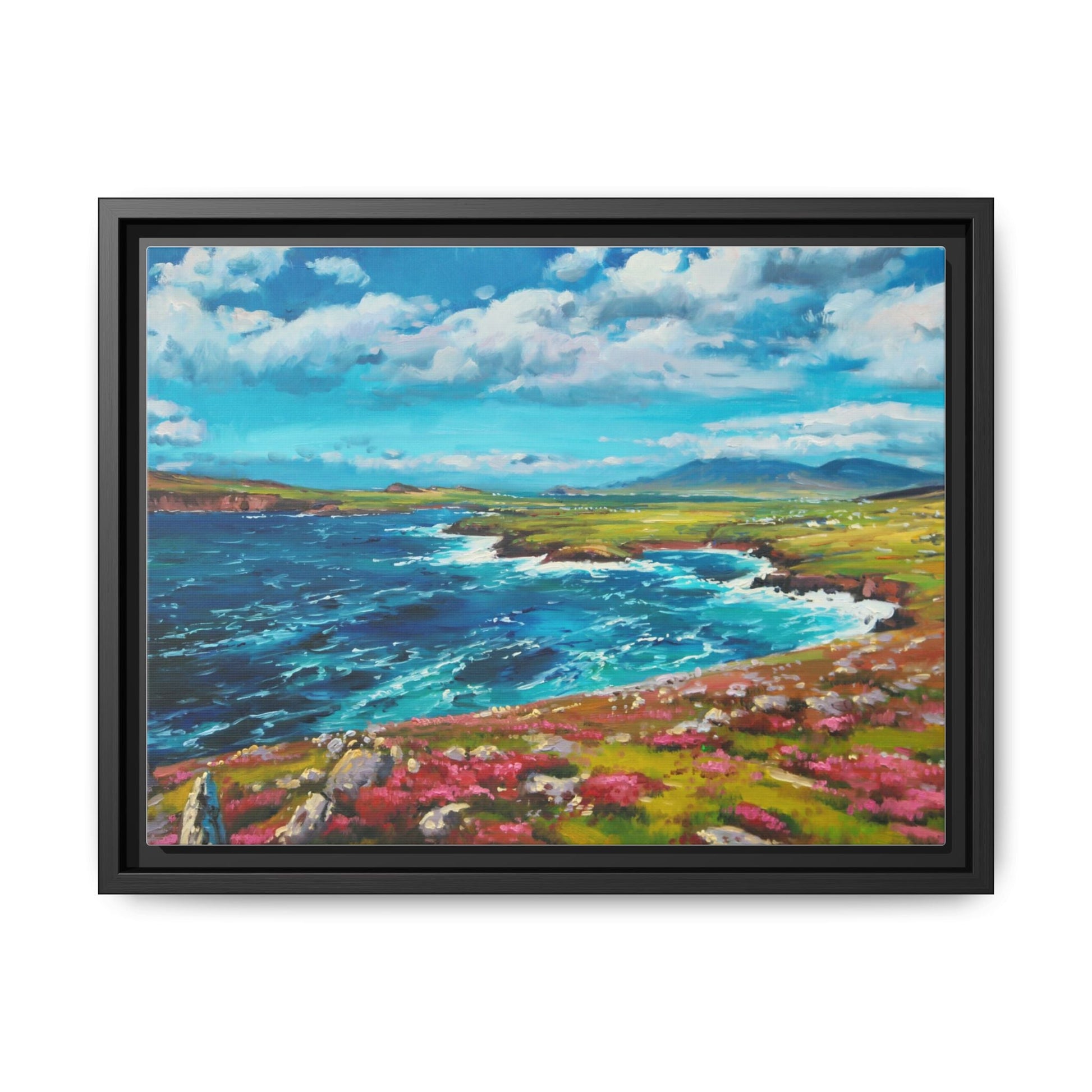 Dingle Peninsula wall art featuring a scenic view of Ireland's rugged coastline, printed on high-quality canvas with a premium frame.