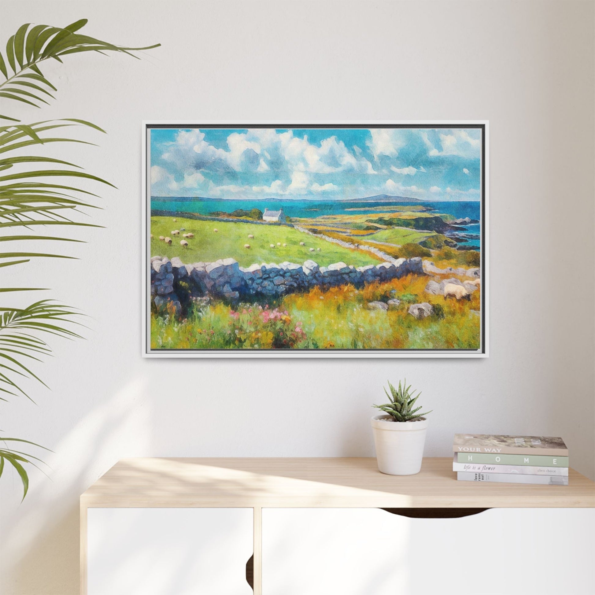 Far Flung Shores W.COL wall art featuring a serene coastal landscape, printed on high-quality canvas with a premium pinewood frame.