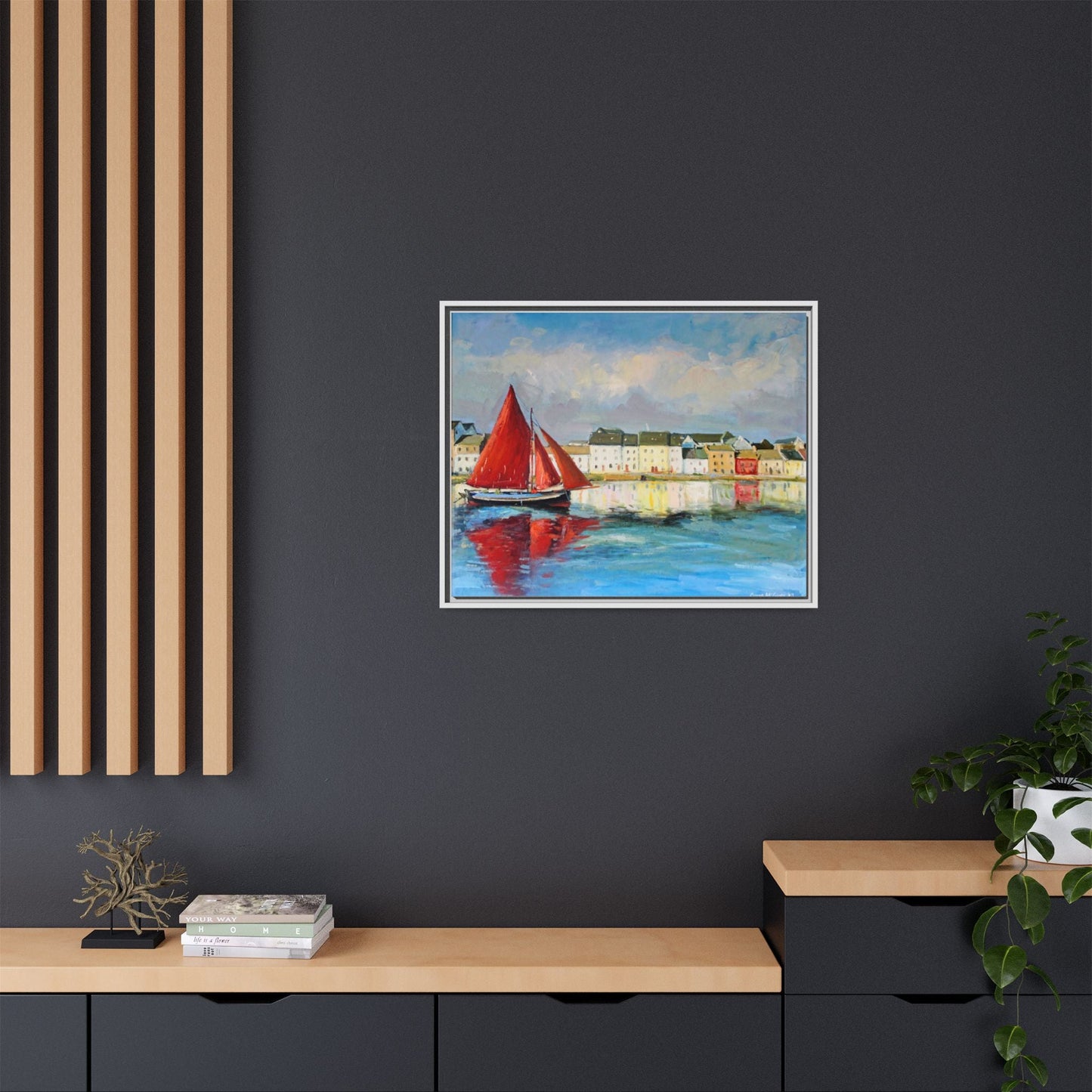 Galway Hooker Leaving Port wall art featuring a Galway Hooker boat sailing in a coastal scene, printed on high-quality canvas with a premium frame.