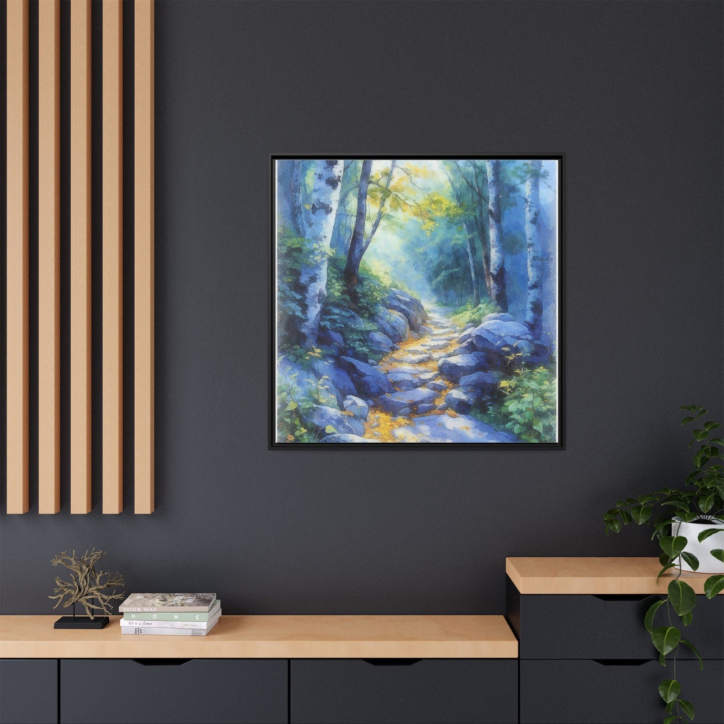 Blue Forest Path II wall art featuring a tranquil forest scene with a serene blue-toned path, printed on high-quality canvas for timeless décor.