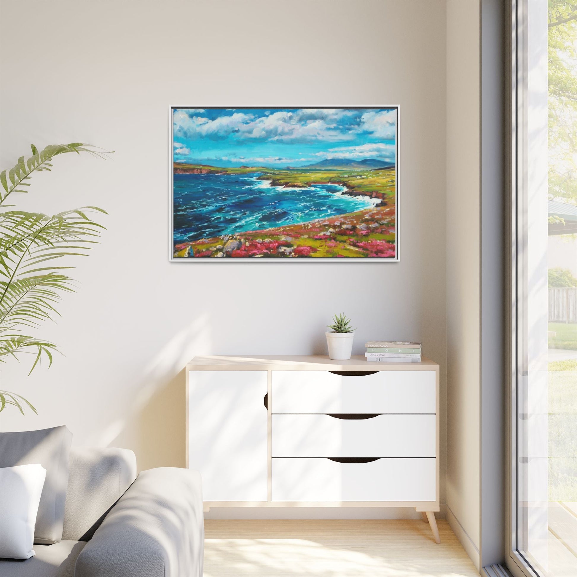 Dingle Peninsula wall art featuring a scenic view of Ireland's rugged coastline, printed on high-quality canvas with a premium frame.