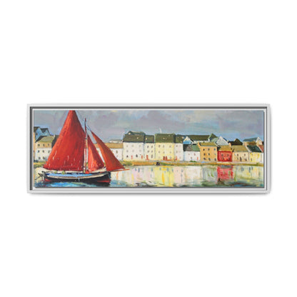 Galway Hooker Leaving Port wall art featuring a Galway Hooker boat sailing in a coastal scene, printed on high-quality canvas with a premium frame.