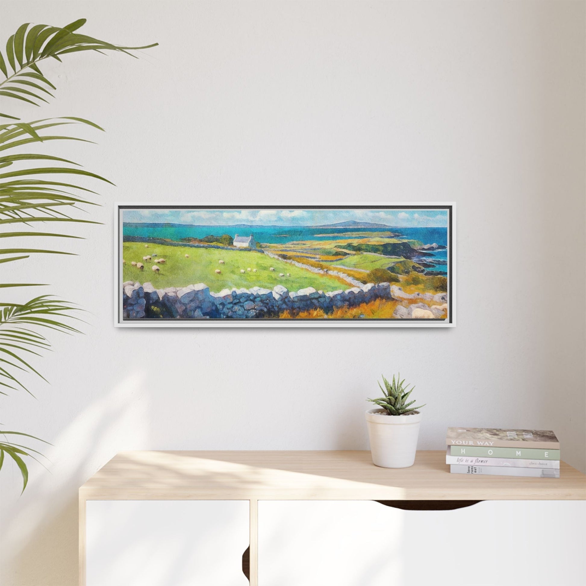 Far Flung Shores W.COL wall art featuring a serene coastal landscape, printed on high-quality canvas with a premium pinewood frame.