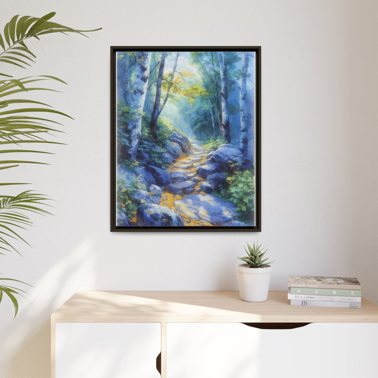 Blue Forest Path II wall art featuring a tranquil forest scene with a serene blue-toned path, printed on high-quality canvas for timeless décor.