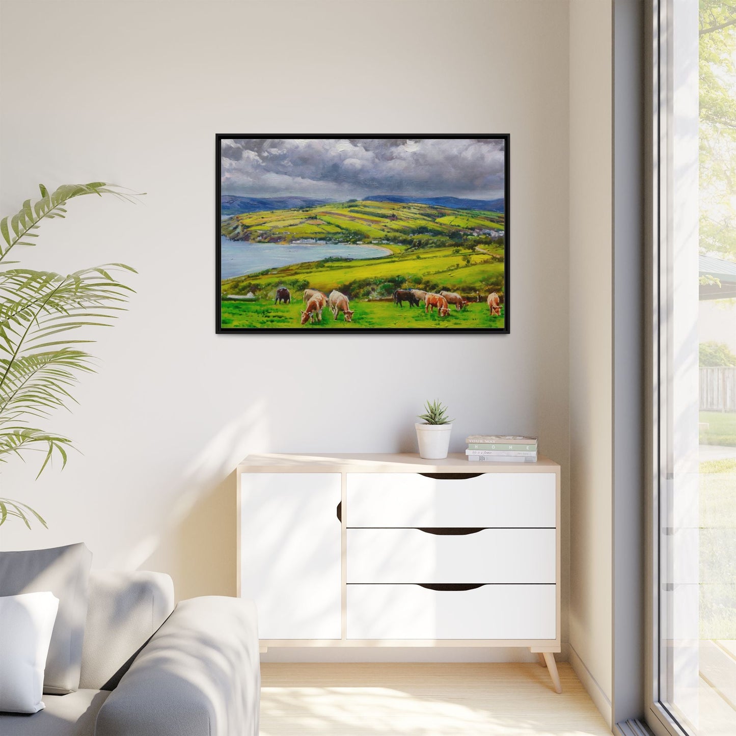 Cushendun Hills wall art showcasing rolling hills and scenic Irish landscapes, framed in high-quality materials for an elegant look.