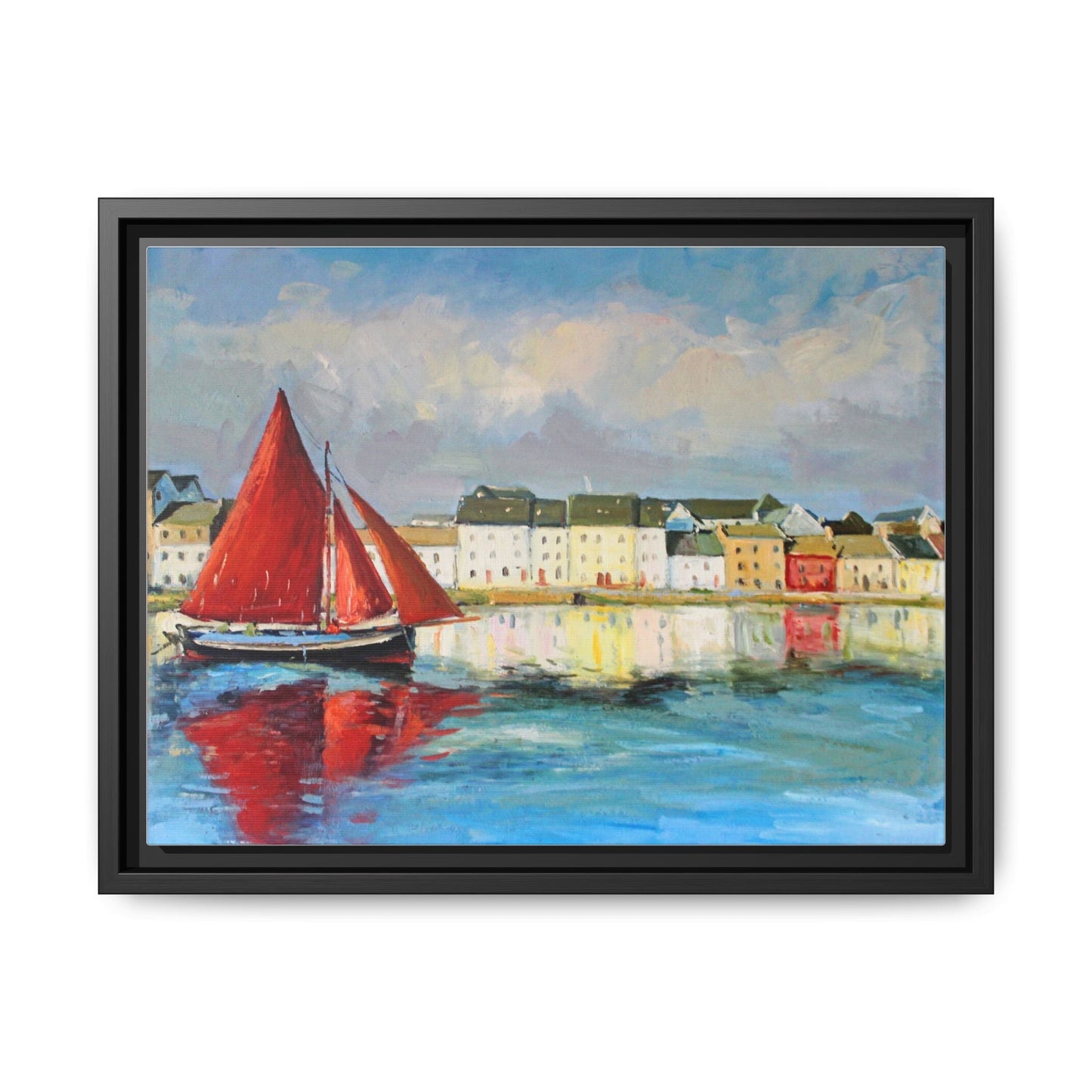 Galway Hooker Leaving Port wall art featuring a Galway Hooker boat sailing in a coastal scene, printed on high-quality canvas with a premium frame.