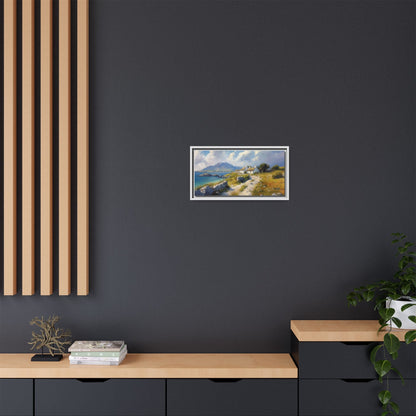 Blustery Day wall art featuring a dramatic wind-swept landscape in a pinewood frame.