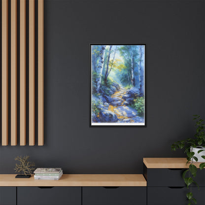 Blue Forest Path II wall art featuring a tranquil forest scene with a serene blue-toned path, printed on high-quality canvas for timeless décor.