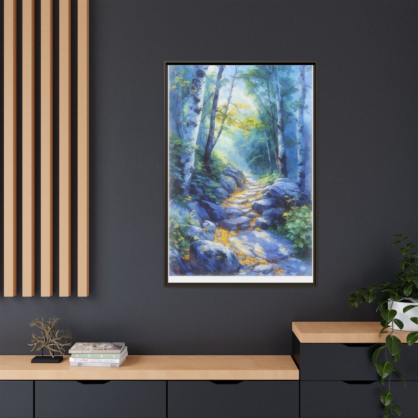 Blue Forest Path II wall art featuring a tranquil forest scene with a serene blue-toned path, printed on high-quality canvas for timeless décor.