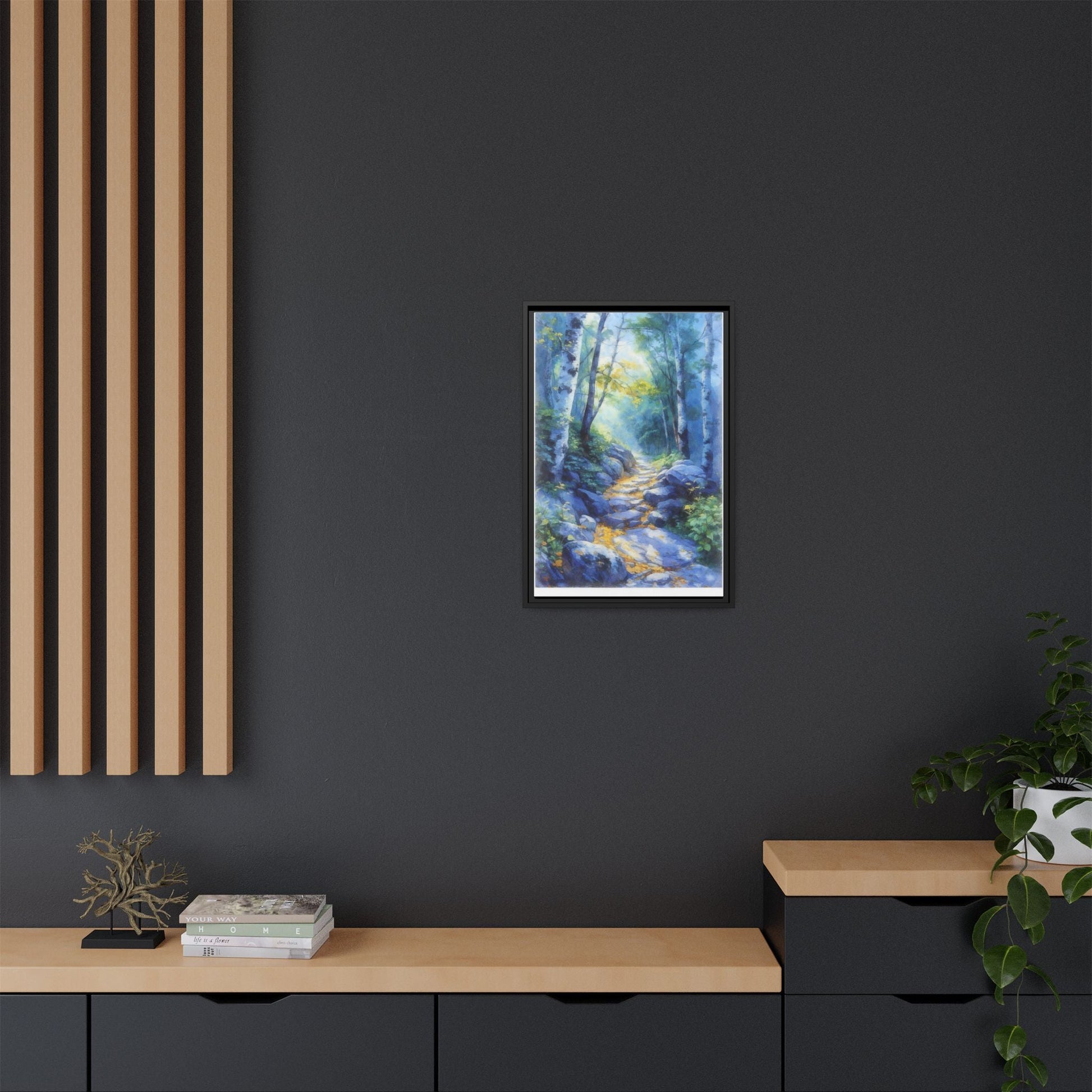 Blue Forest Path II wall art featuring a tranquil forest scene with a serene blue-toned path, printed on high-quality canvas for timeless décor.