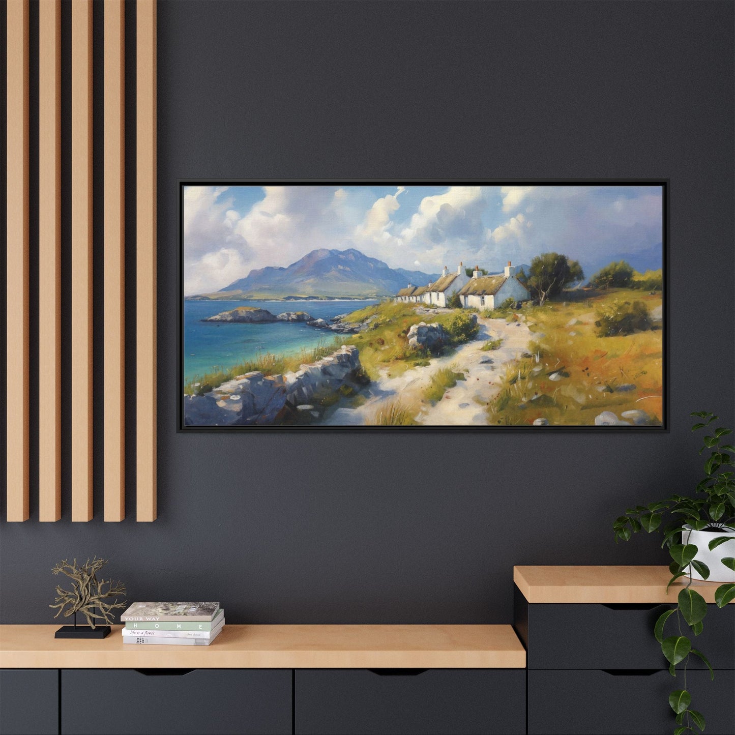 Blustery Day wall art featuring a dramatic wind-swept landscape in a pinewood frame.