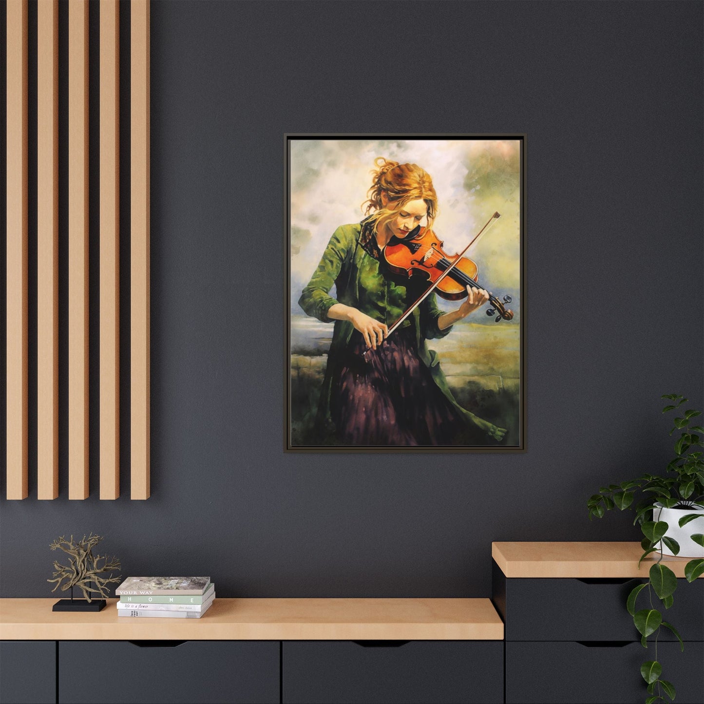 Young Girl with Fiddle wall art featuring a young musician playing the fiddle, printed on high-quality canvas for timeless and elegant décor.