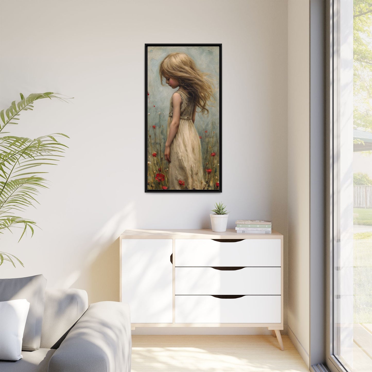 Young Girl In Flowers – Elegant pinewood-framed wall art featuring a high-quality cotton-polyester canvas with vibrant colors and a timeless design.