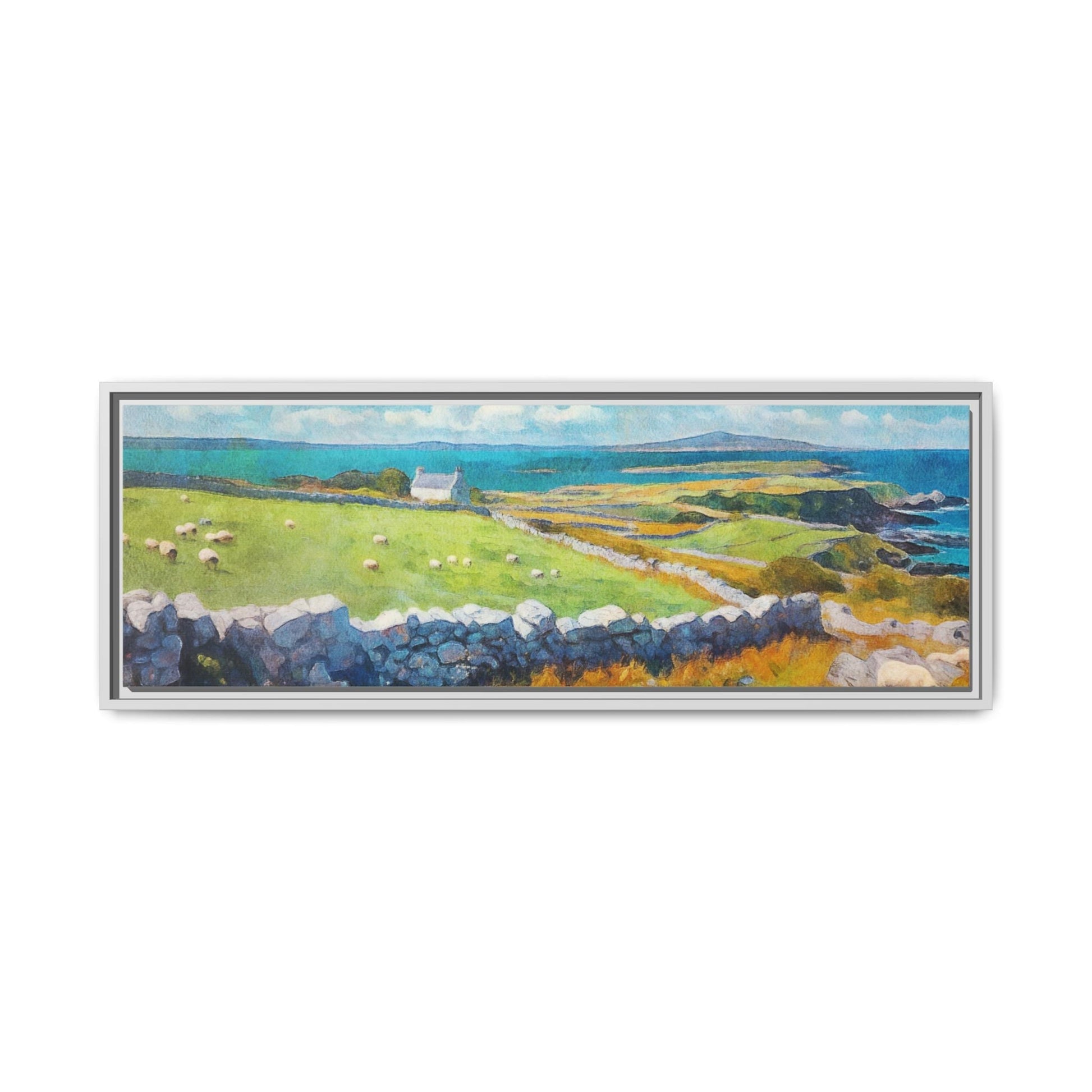 Far Flung Shores W.COL wall art featuring a serene coastal landscape, printed on high-quality canvas with a premium pinewood frame.