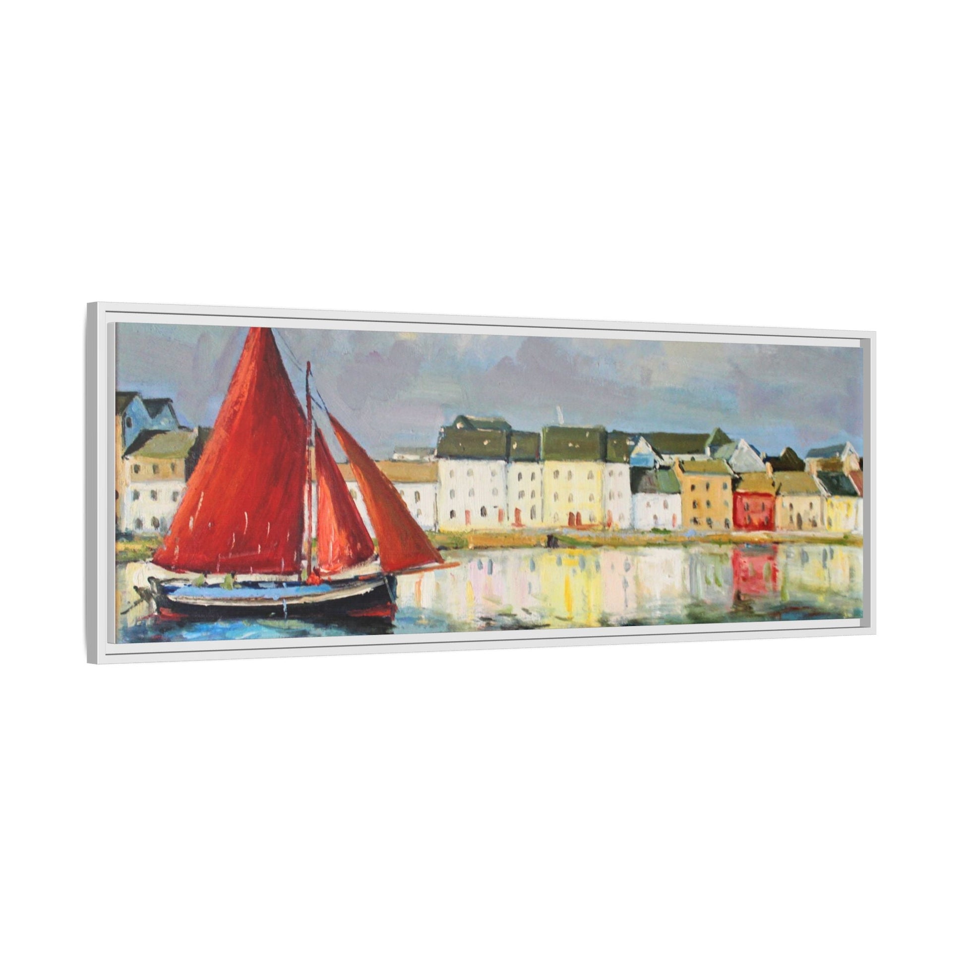 Galway Hooker Leaving Port wall art featuring a Galway Hooker boat sailing in a coastal scene, printed on high-quality canvas with a premium frame.