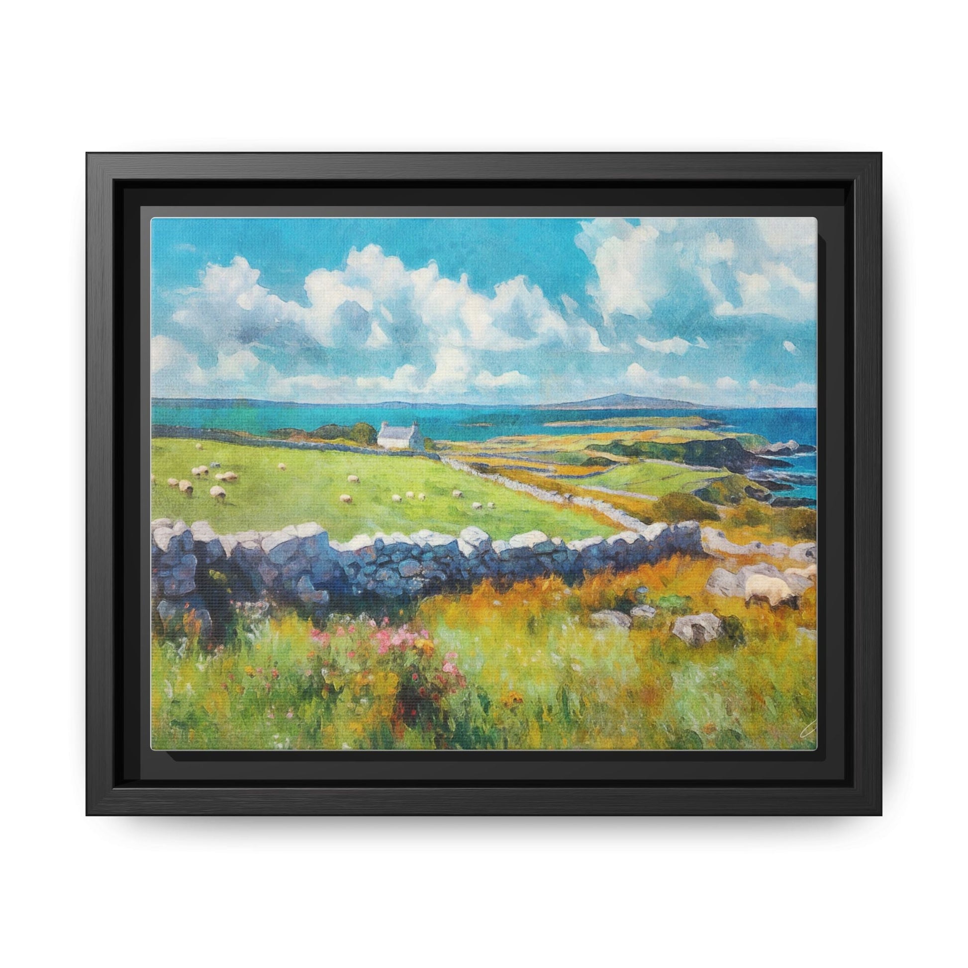 Far Flung Shores W.COL wall art featuring a serene coastal landscape, printed on high-quality canvas with a premium pinewood frame.